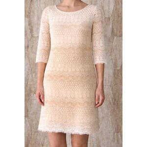 Jessica H Women Lace Overlay Shift Dress Beige Cream 3/4 Sleeve‎ Petite Size 10P